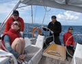Two pairs of young participants in the sailing regatta are riding in the fresh wind on a sailing cruise yacht.