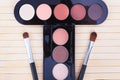 Two palettes with beige,pink,black,white eye shadows and two makeup brushes on a light background.Selective focus.Top view.Concept Royalty Free Stock Photo