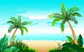 Two palm tree and sandy beach on blue sea. Paradise vacation on tropical island