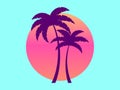 Two palm trees against a gradient sun in the style of the 80s. Summer time. Synthwave and retrowave style. Design for advertising Royalty Free Stock Photo