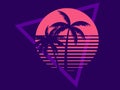 Two palm trees against a sun in the style of the 80s. Synthwave and retrowave. Design for advertising brochures, banners, posters