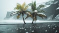 Two palm trees on a beach covered in snow and rain, AI