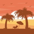 Two palm trees chair umbrella silhouette on sunset tropical beach Royalty Free Stock Photo