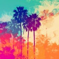 Two palm trees in front of a colorful sky. Generative AI image. Royalty Free Stock Photo