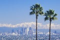 Two palm trees, Los Angeles and snowy Mount Baldy as seen from the Baldwin Hills, Los Angeles, California