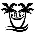 Two palm trees with ocean waves and hammock. Relax theme. Vector illustration.
