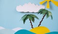 Two palms on a sandy island, sun, cloud in the sea with paper waves Royalty Free Stock Photo