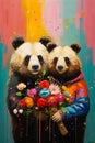 Two panda bears holding bouquet of flowers in their arms. Generative AI Royalty Free Stock Photo