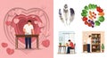 Two-panel illustration. Left: A man cleaning a table, surrounded by layered heart Royalty Free Stock Photo