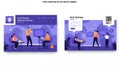 Two panels showcase an illustrated tech startup theme. On the left, people engage in Royalty Free Stock Photo