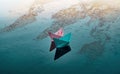 Two paper boats of pink and blue color, float on the water. Under the water you can see the map of the world on which the Royalty Free Stock Photo