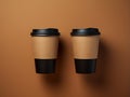 Two paper coffee cups with black cap on brown background. 3d rendering Generative AI Royalty Free Stock Photo