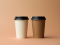 Two paper coffee cups with black cap isolated on orange background. 3d render Generative AI Royalty Free Stock Photo