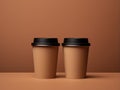 Two paper coffee cups on a brown background. 3d rendering. Generative AI Royalty Free Stock Photo