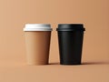 Two paper coffee cups isolated on orange background. 3d rendering. Generative AI Royalty Free Stock Photo