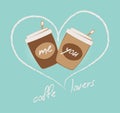 Coffee lovers illustration. Two cups and heart