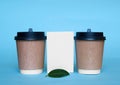 Two paper cups for coffee, green ficus leaf and a white cardboard card. Royalty Free Stock Photo