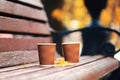 Two paper cups of coffee on wooden bench in autumn park on sunny day. Coffee time Royalty Free Stock Photo