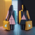 Two paper cutout shoppers holding bags