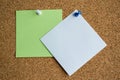 Two paper notes green and white color on a cork Board, attached with a white pushpin. Copy space Royalty Free Stock Photo