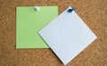 Two paper notes green and white color on a cork Board, attached with a white pushpin. Copy space Royalty Free Stock Photo