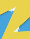 Two paper planes flying in opposite directions on yellow background. Symbol of freedom, success.