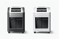 Two paper shredders side by side on a plain white background. Ideal for office and security concepts Royalty Free Stock Photo