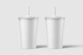 Two paper soda cup with straw mockup template, isolated on light grey background.