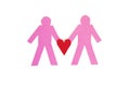 Two paper stick figures holding a red heart over white background Royalty Free Stock Photo