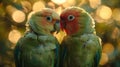 Two parakeets bonding in warm light