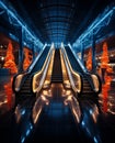 Two parallel escalators in the shopping centre. Moving stairs lit with neon light. Decorative orange fir-trees at backdrop Royalty Free Stock Photo