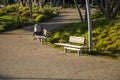 Two park benches along a footpath with a jacket on one bench at Tongva Park with brown fallen leaves and lush green trees, plants Royalty Free Stock Photo