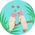 two parrots male and female are sitting on a branch on a blue background, surrounded by foliage, with hearts between them, couple Royalty Free Stock Photo