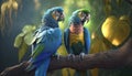 A pair of vibrant blue and yellow parrots rest on a tree branch. Generative AI