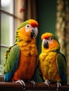 two parrots sitting on branch closeup shot