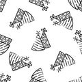 Two party hat vector seamless pattern on white background. Black and white holiday background hand-drawn. Design for