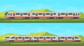 Two passanger modern electric high-speed train with nature landscape in a hilly area. Vector illustation. Railway