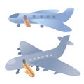 Two passenger airplanes with ramps stand on a white background,