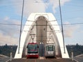 Two trams on Holesovice bridge - Prague Royalty Free Stock Photo