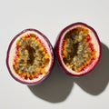 Two passion fruits halved on a white surface exotic superfruit