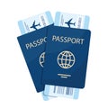 Two passports with boarding passes. Airplane tickets inside passports. Air travel concept. Tourism concept. Vector illustration Royalty Free Stock Photo