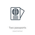 Two passports icon. Thin linear two passports outline icon isolated on white background from airport terminal collection. Line