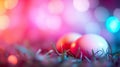 Pastel eggs nestled in vibrant grass, bathed in colorful bokeh lights. A festive, spring-like scene Royalty Free Stock Photo