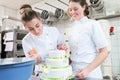 Two pastry bakers decorating large cake