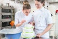 Two pastry bakers decorating large cake Royalty Free Stock Photo