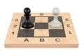 Two pawns on the chess board, confrontation concept. 3D rendering Royalty Free Stock Photo