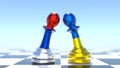 Two pawns with the color of the Ukrainian and Russian flags on a chessboard symbolizing war.