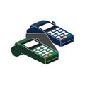 Two payment terminals one green one blue on white background machine device. Royalty Free Stock Photo