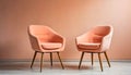 Two peach colored armchairs on wooden floor near peach colored wall. Color of the year 2024