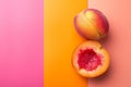 two peaches laid out on a background of bright brights Royalty Free Stock Photo